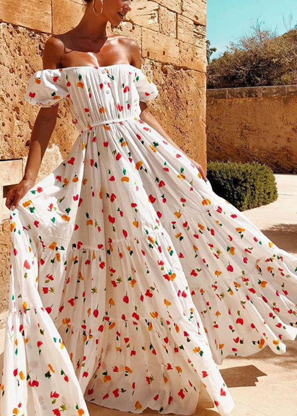 Women Elastic Square Collar Floral Print Holiday Casual Floor Maxi Dress With Belt White