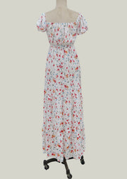 Women Elastic Square Collar Floral Print Holiday Casual Floor Maxi Dress With Belt White