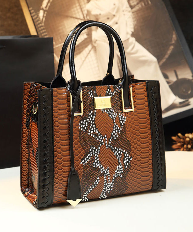 Women Elegant Brown Zircon Calf Leather Tote Handbag