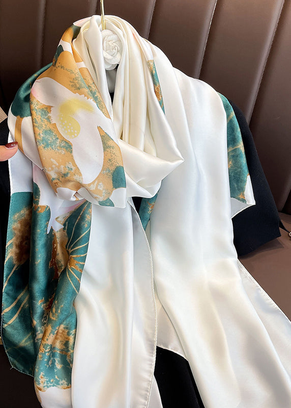 Women Elegant White Lotus Print Versatile Silk Scarf