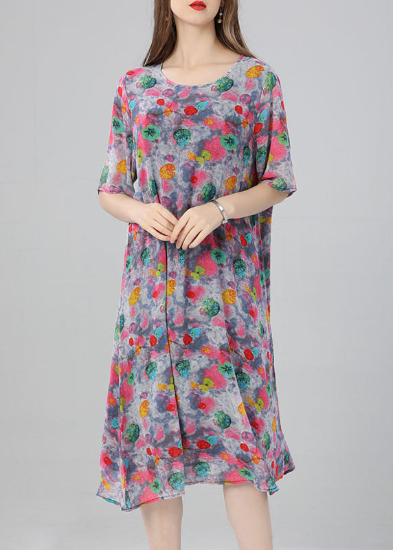 Women Floral O Neck Print Patchwork Chiffon Dress Summer