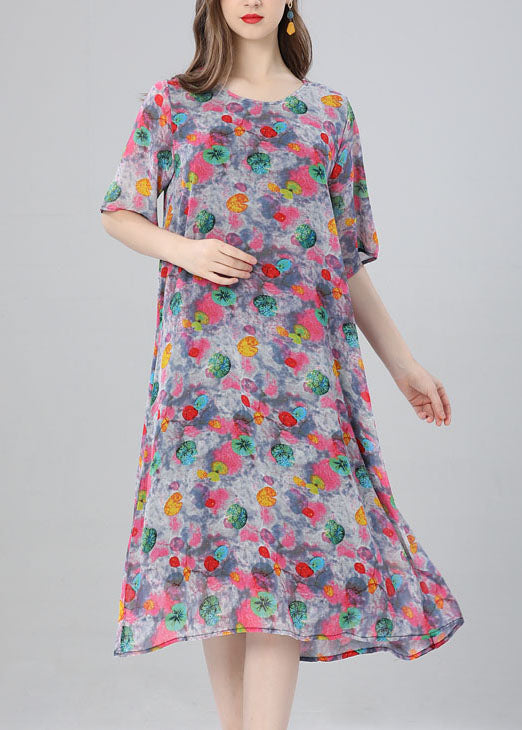 Women Floral O Neck Print Patchwork Chiffon Dress Summer