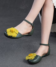 Women Floral Splicing Walking Sandals Green Cowhide Leather