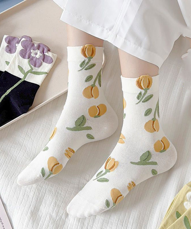 Women Flower Print Cotton Crew Socks