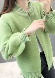 Women Fluorescent Green Embroidered Ruffled Mink Velvet Coats Spring