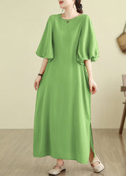 Women Fruit Green Side Open Cotton Vacation Dresses Lantern Sleeve