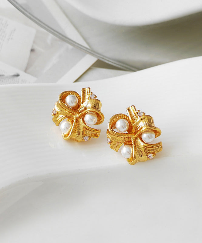 Women Gold Copper Pearl Glass Stud Earrings