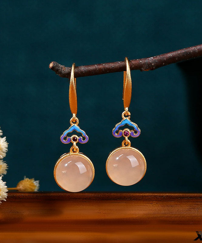 Women Gold Copper Overgild Auspicious Clouds Chalcedony Drop Earrings