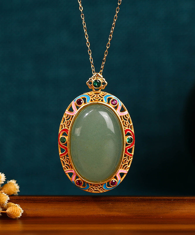 Women Gold Copper Overgild Jade Enamel Auspicious Clouds Pendant Necklace