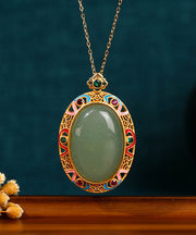 Women Gold Copper Overgild Jade Enamel Auspicious Clouds Pendant Necklace