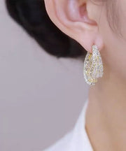 Women Gold Copper Overgild Zircon Leaves Hoop Earrings