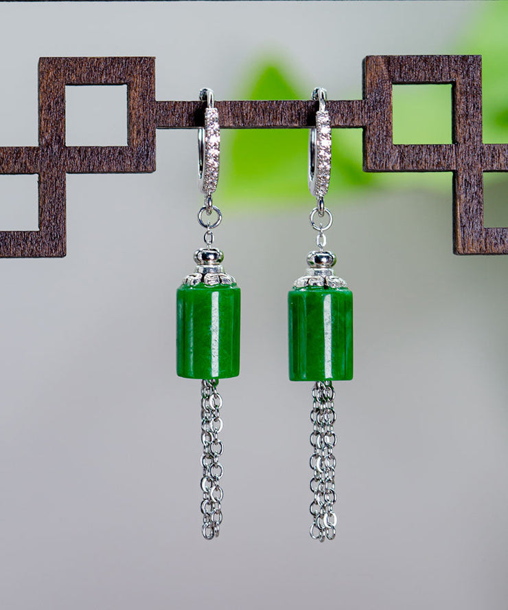 Women Gold Sterling Silver Inlaid Jade Tassel Drop Earrings