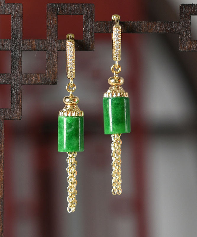 Women Gold Sterling Silver Inlaid Jade Tassel Drop Earrings