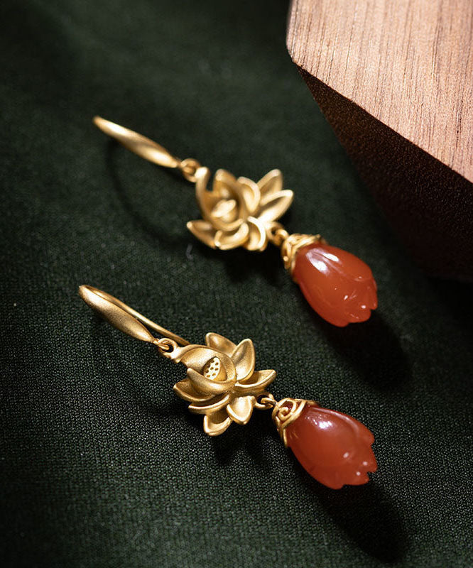 Women Gold Sterling Silver Overgild Agate Magnolia Flower Drop Earrings