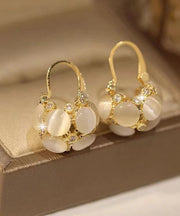 Women Gold Sterling Silver Overgild Cat Eye Stone Flower Basket Hoop Earrings