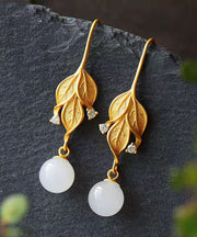 Women Gold Sterling Silver Overgild Zircon Jade Leaf Drop Earrings