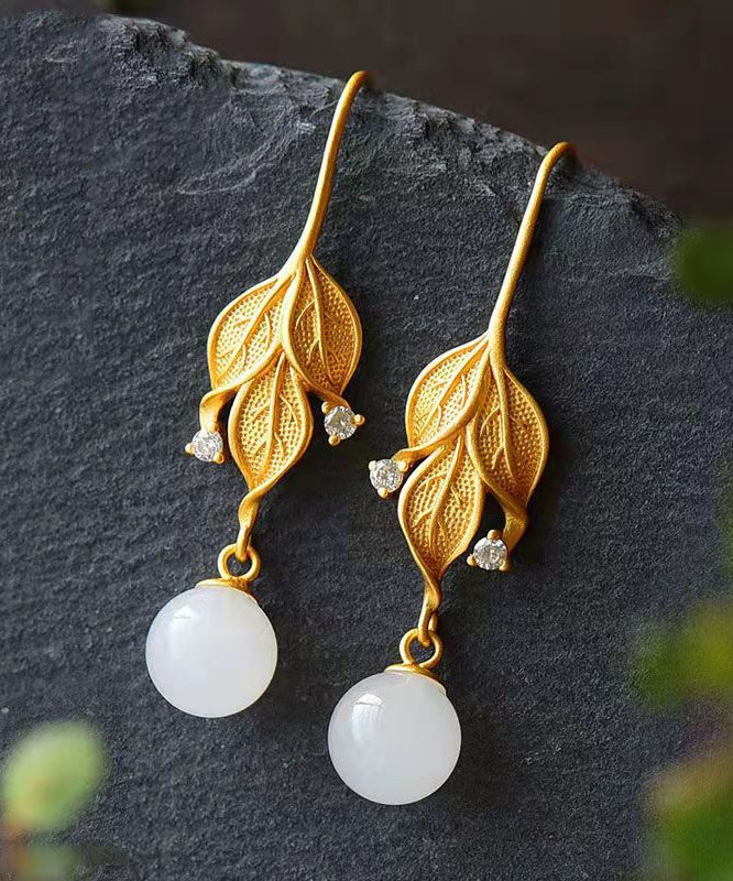 Women Gold Sterling Silver Overgild Zircon Jade Leaf Drop Earrings