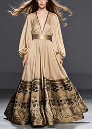 Women Golden Cinched Print Silk Maxi Dresses Fall