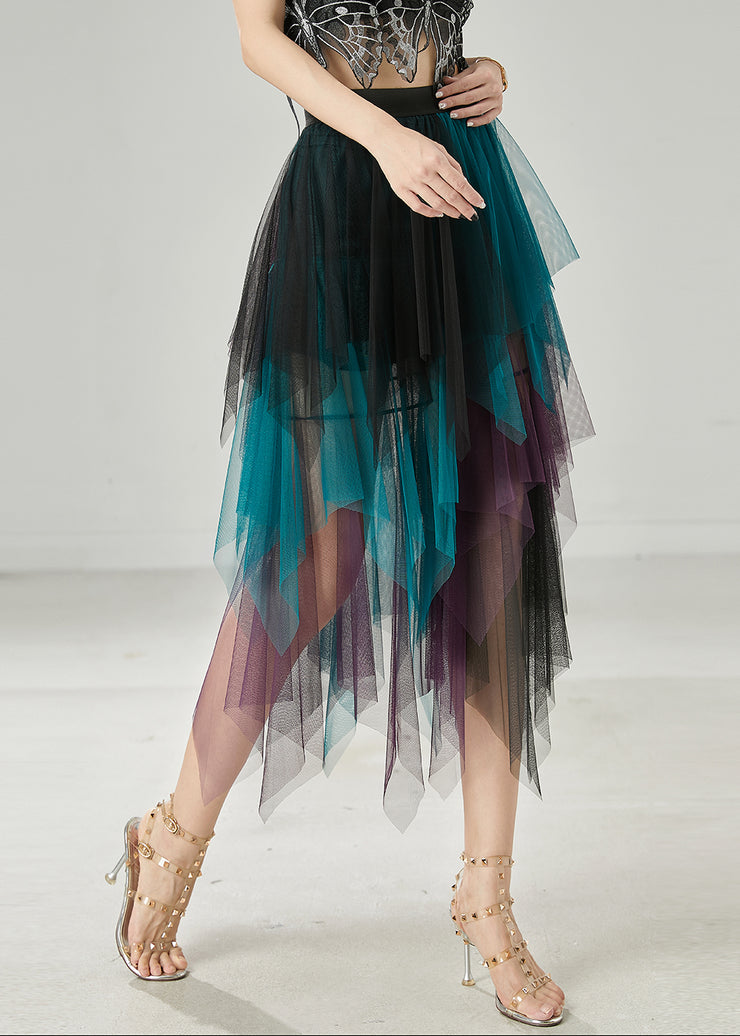 Women Gradient Blue Asymmetrical Tulle Skirt Summer