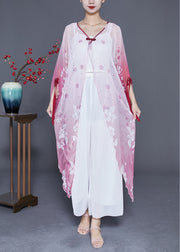 Women Gradient Color Chinese Button Print Chiffon Long Cardigan Flare Sleeve