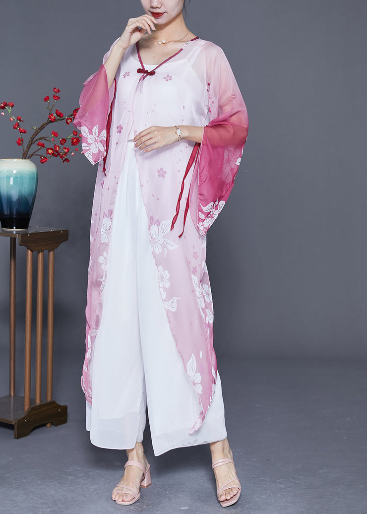 Women Gradient Color Chinese Button Print Chiffon Long Cardigan Flare Sleeve