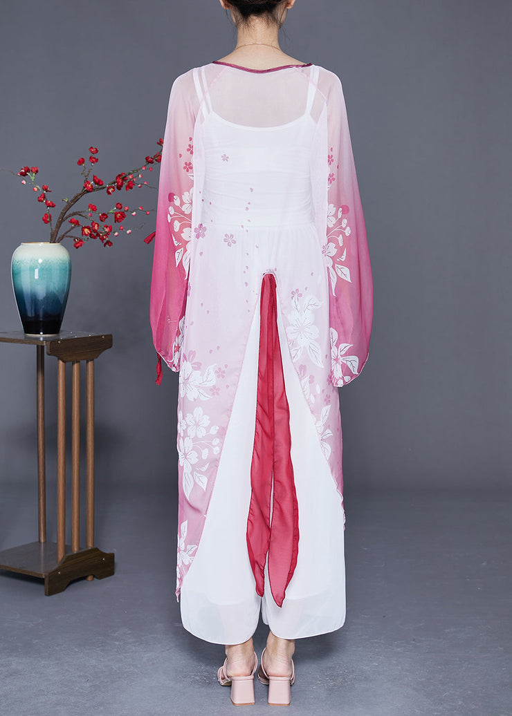 Women Gradient Color Chinese Button Print Chiffon Long Cardigan Flare Sleeve