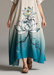 Women Gradient Color Lotus Print Cotton Day Dress Summer