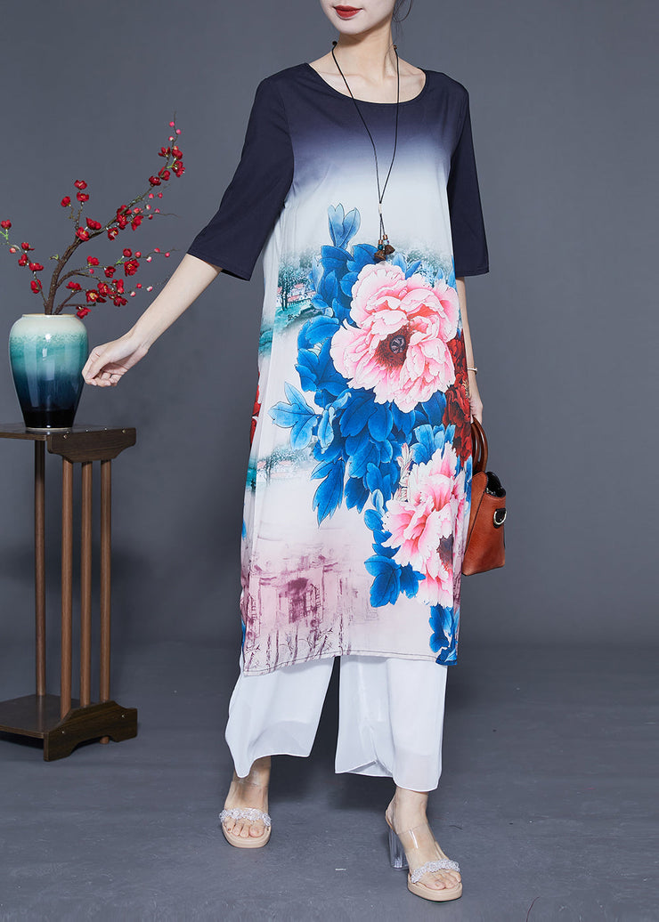 Women Gradient Color O-Neck Floral Print Silk Vacation Dresses Half Sleeve