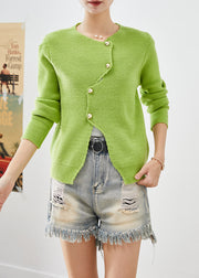 Women Grass Green Asymmetrical Side Open Knit Short Sweater Winter