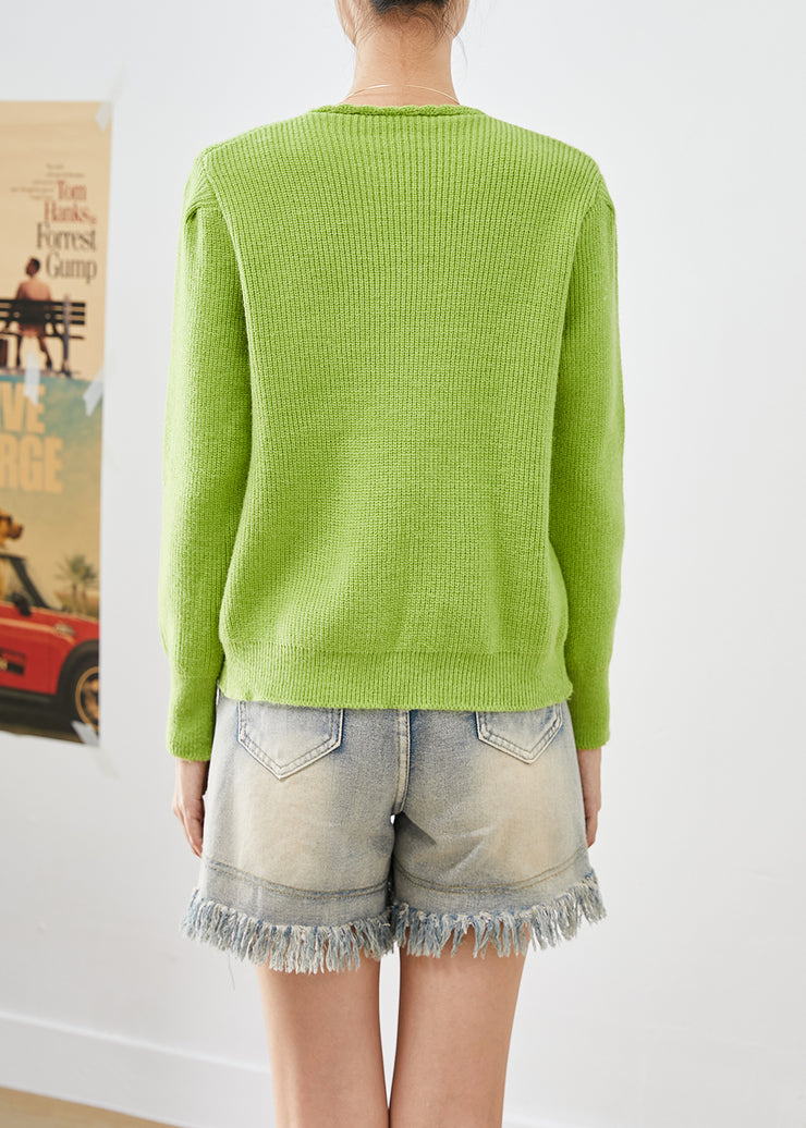 Women Grass Green Asymmetrical Side Open Knit Short Sweater Winter