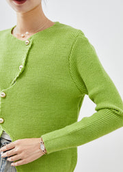 Women Grass Green Asymmetrical Side Open Knit Short Sweater Winter