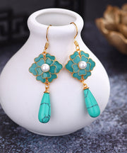 Women Grass Green Floral Gold Plated Turquoise Drop Earrings