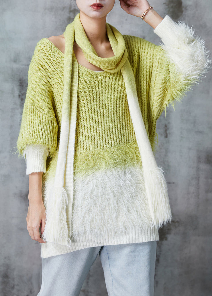 Women Grass Green Oversized Gradient Color Mink Velvet Knitted Sweaters Winter