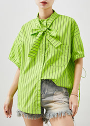 Women Grass Green Striped Cotton Shirt Tops Summer