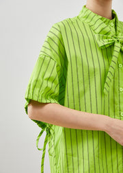 Women Grass Green Striped Cotton Shirt Tops Summer