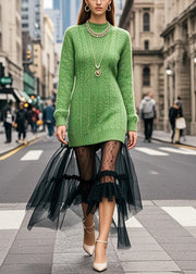 Women Grass Green Thick Patchwork Tulle Knit Dress Winter