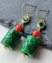 Women Green 14K Gold Dry Green Jade Agate Drop Earrings