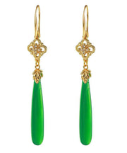 Women Green Agate Copper Overgild Tassle Drop Earrings