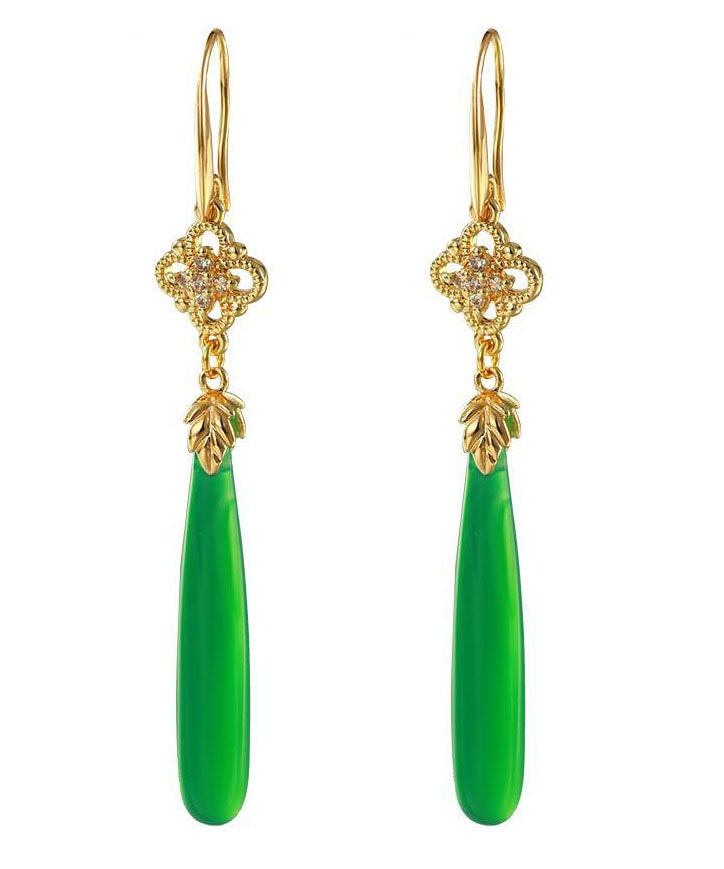 Women Green Agate Copper Overgild Tassle Drop Earrings