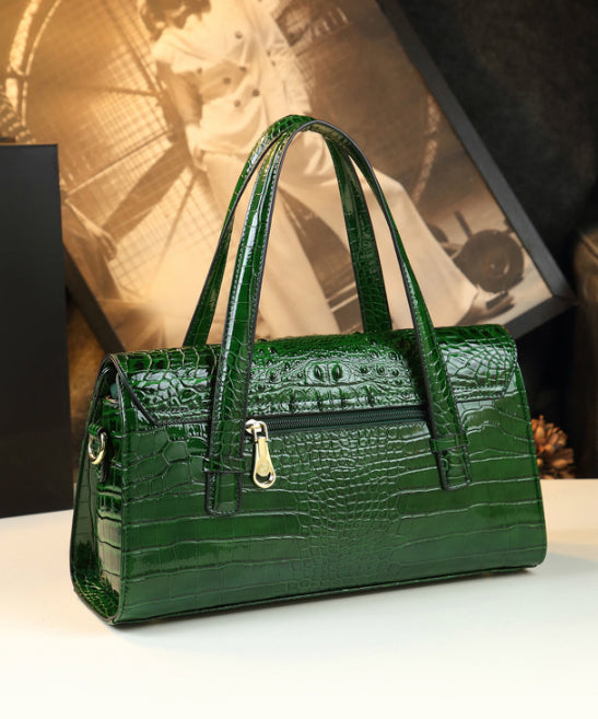 Women Green Alligator Pattern Durable Faux Leather Satchel Handbag