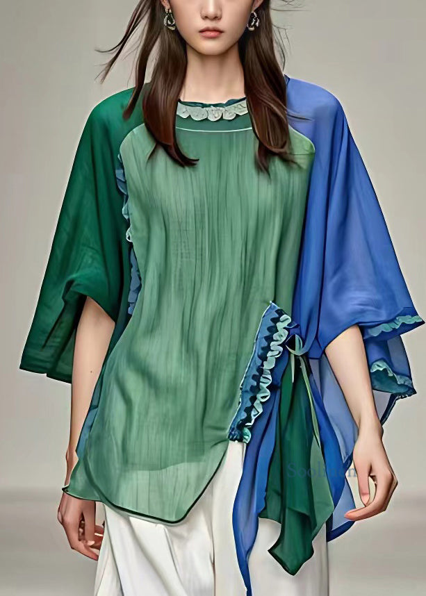 Women Green Asymmetrical Patchwork Shirt Fall