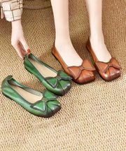 Women Green Bow Cowhide Leather Comfortable Flats Shoes