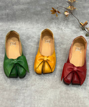 Women Green Bow Split Toe Cowhide Leather Flat Shoes For