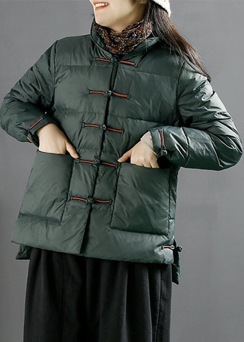 Women Green Button Pockets Duck Down Coats Long Sleeve