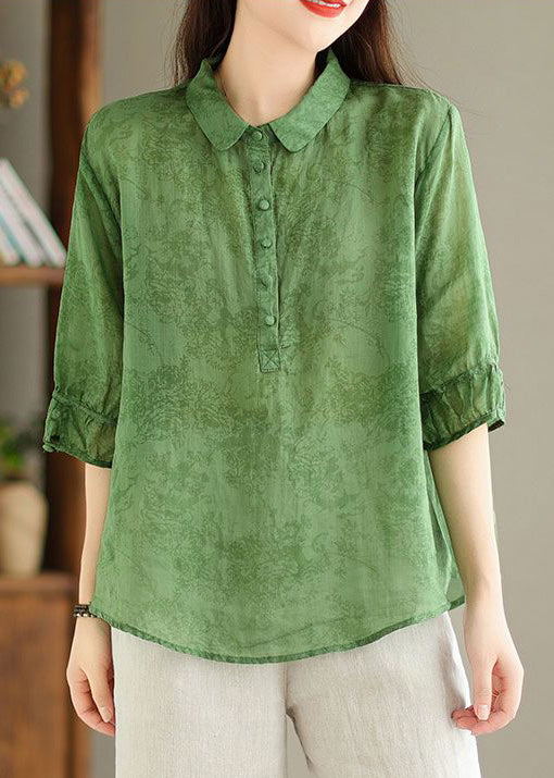 Women Green Button Print Linen Shirt Summer