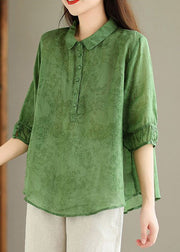 Women Green Button Print Linen Shirt Summer