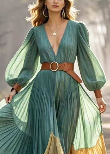 Women Green Cinched Patchwork Exra Large Hem Pleated Dress Spring