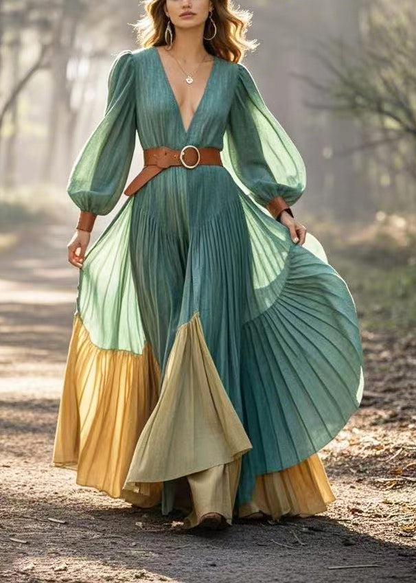 Women Green Cinched Patchwork Exra Large Hem Pleated Dress Spring