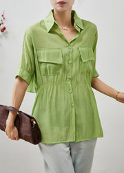 Women Green Cinched Silm Fit Cotton Blouse Top Summer