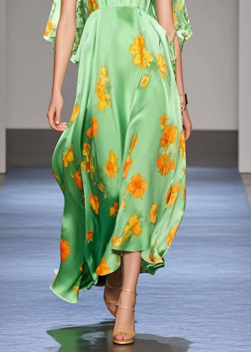 Women Green Cold Shoulder Print Silk Long Dresses Summer